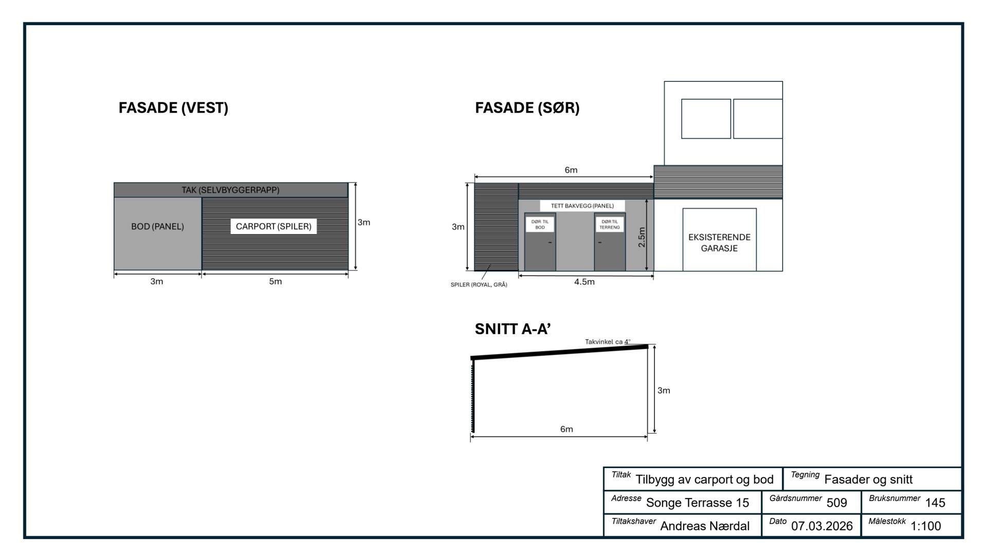 Fasadetegning med oppriss av vest- og sørfasade samt et snitt (A-A') av en planlagt bygning.