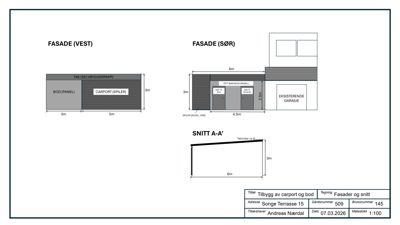 Fasadetegning med oppriss av vest- og sørfasade samt et snitt (A-A') av en planlagt bygning.