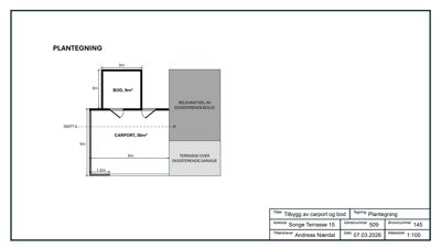 Plantegning som viser etasjeplan for en tilbygg av carport og bod, med angitte mål og romareal.