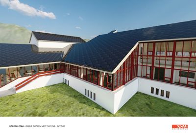 3D-visualisering av et nytt tilbygg (solcelletek) til Gamle skolen, sett fra en vinkel som viser fasade og tak.