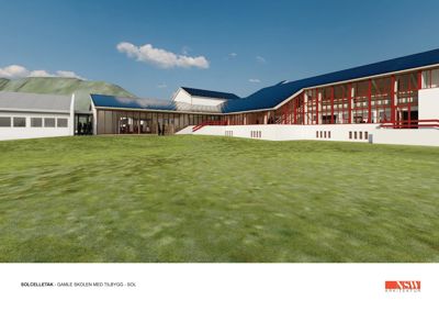 3D-visualisering av et nytt tilbygg (Solcelletak) til Gamle Skolen, sett fra en lav vinkel mot bygningen.