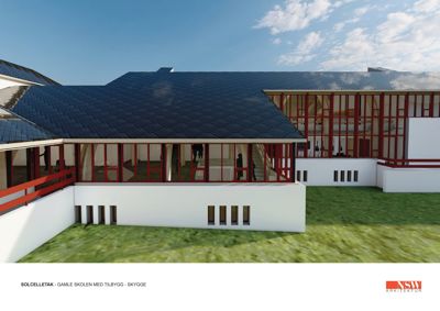 3D-visualisering av en bygning (GAMLE SKOLEN) med tilbygg og skygge, sett fra utsiden.