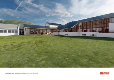 3D-visualisering av et nytt tilbygg (Solcelletak) til Gamle skolen, sett fra en lav vinkel mot en grønn hage.