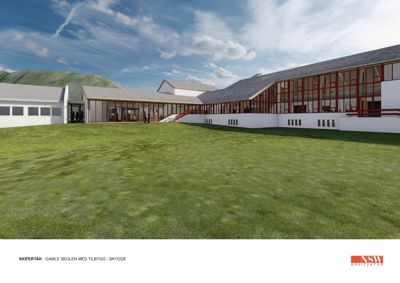 3D-visualisering av et nytt tilbygg til Skifertak skole, sett fra en lav vinkel mot bygningens fasade.