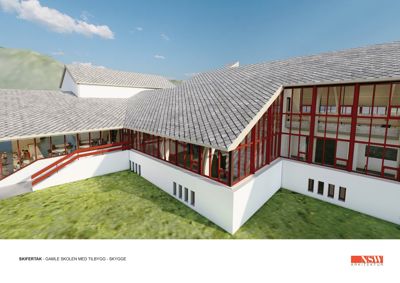 3D-visualisering av et nytt tilbygg (Skygge) til Gamle Skolen med skifertak og røde rammer.