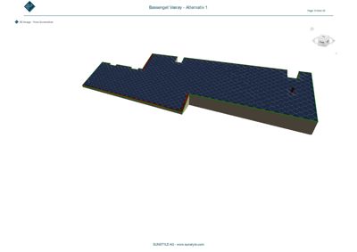 3D-visualisering av et bassengalternativ (Bassenget Værey - Alternativ 1) med solcellepaneler på taket.