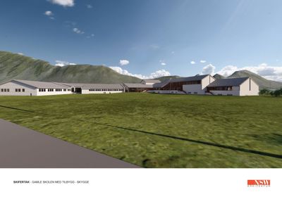 3D-visualisering av et nytt tilbygg (skygge) til Skifertak skole, sett fra utsiden mot bakken.