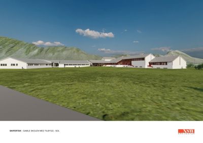 3D-visualisering (rendering) av et nytt skolebygg i en landskapssituasjon.