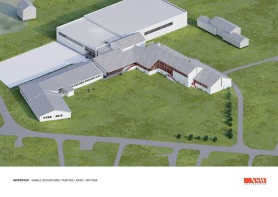 3D-visualisering (rendering) av et skifertak med tilbygg, akso og skygge for Gamle Skolen.