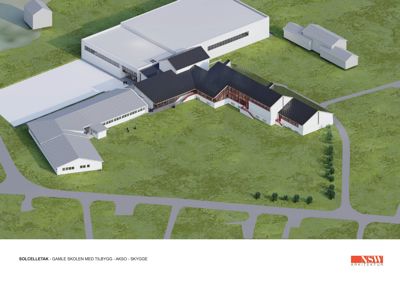 3D-visualisering av en skolebygning med tilbygg, sett fra en høyde med perspektiv.