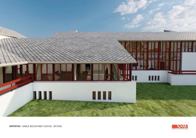 3D-visualisering av et byggeprosjekt (Skifertak - Gamle skolen med tilbygg - Skygge) sett fra utsiden.