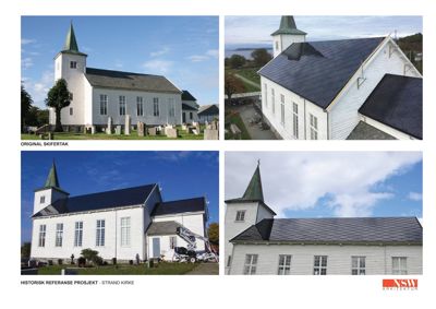 Et sammensatt bilde (collage) som viser fire ulike fotografier av Strand kirke. Bildene illustrerer en historisk referanseprosjekt, med fokus på takkonstruksjon (skifertak) og fasade.
