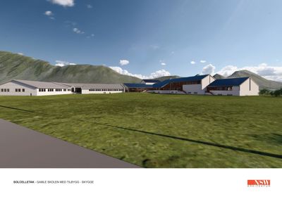 3D-visualisering av en ny skolebygning med solcelletek, sett fra utsiden mot bakgrunn av fjell.