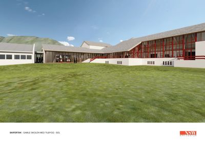 3D-visualisering (rendering) av et nytt tilbygg til Skifertak skole, sett fra en vinkel som viser fasaden og det omkringliggende området.