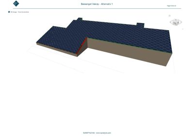 3D-visualisering av et basseng med solcellepaneler på taket.