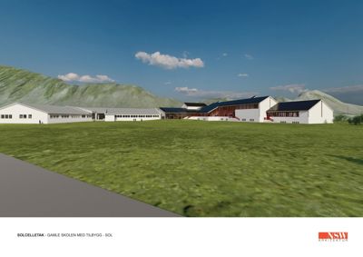 3D-visualisering av en planlagt skolebygning med solcelletek, sett fra utsiden mot bakgrunn av fjell.