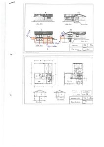 Bildet viser en tegning med fire utsnitt av fasaden (fra for, bak, venstre og høyre side) samt to snittegninger (tverrsnitt) av bygningen.