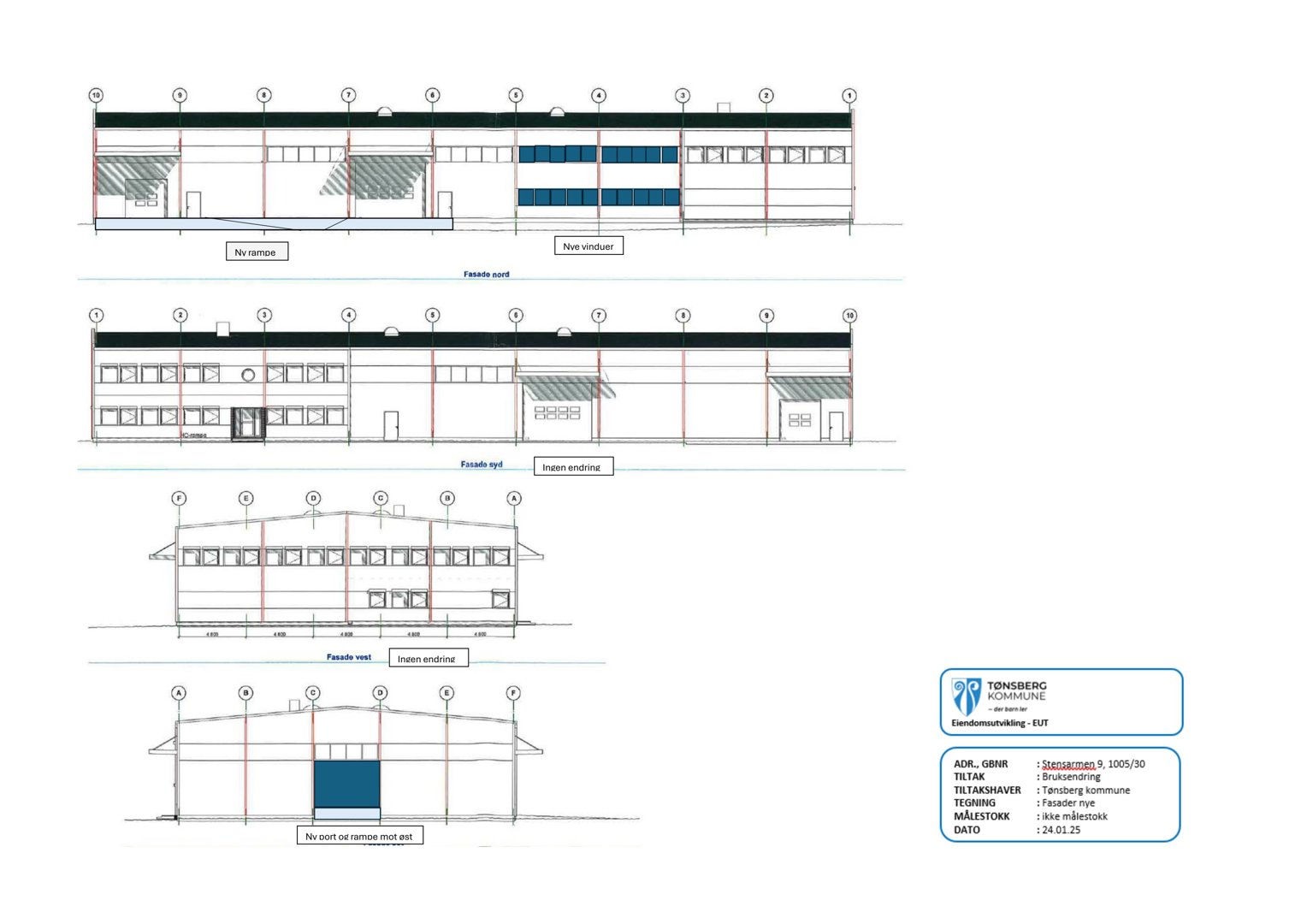 Fasadetegning som viser oppriss av bygningens ytre sider (vest, syd, øst) med detaljer om vinduer, dører og takform.