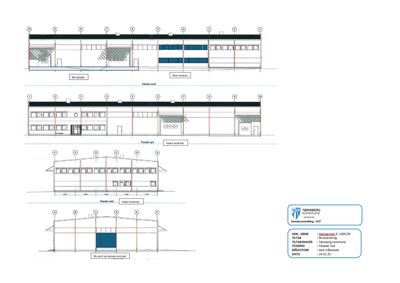 Fasadetegning som viser oppriss av bygningens ytre sider (vest, syd, øst) med detaljer om vinduer, dører og takform.
