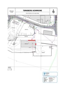 Situasjonsplan fra Tønsberg kommune som viser eiendomsnummer, vegforhold og bygningers plassering i forhold til hverandre.