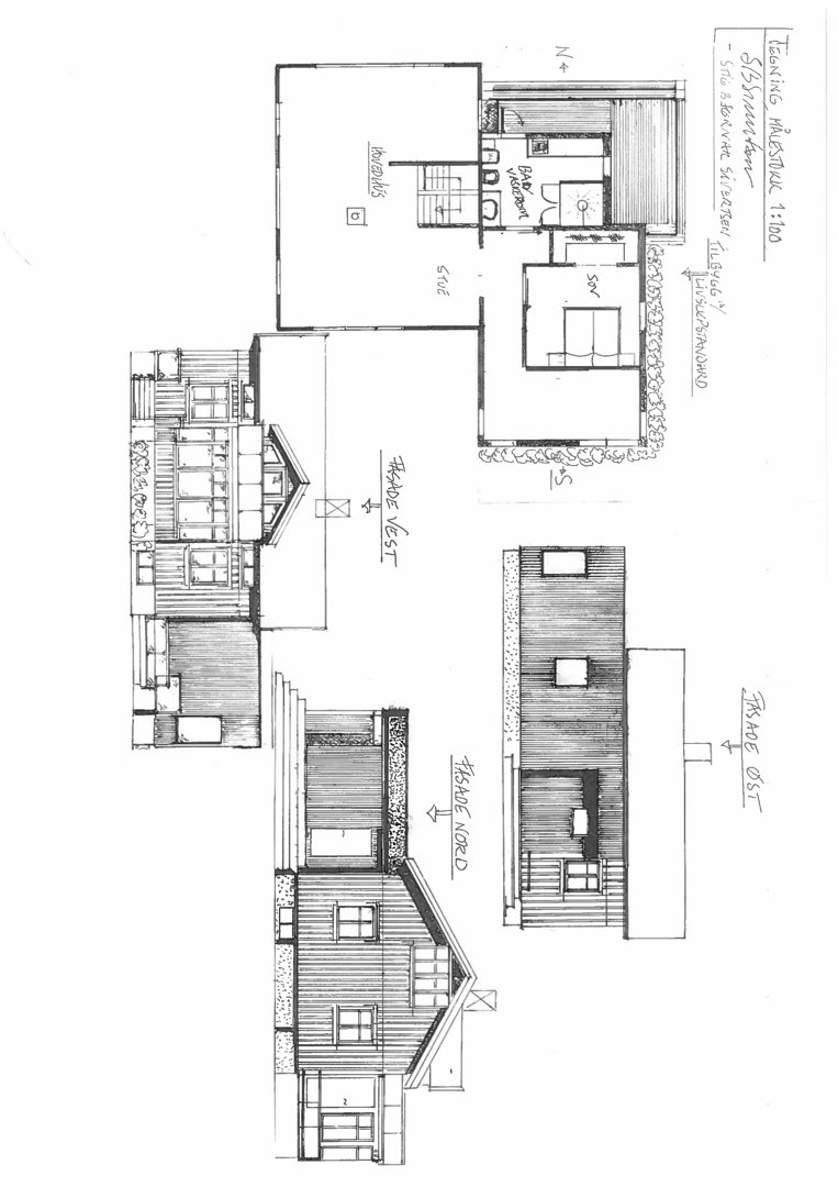 Bildet viser en håndtegnet fasadetekning (opprikk) av en bygning sett fra flere vinkler (vest, nord, øst).