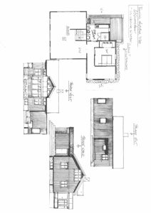 Bildet viser en håndtegnet fasadetekning (opprikk) av en bygning sett fra flere vinkler (vest, nord, øst).