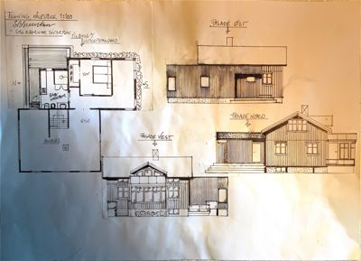 Bildet viser en tegning med etasjeplan (romfordeling) og fasadeopprikk for en bygning.