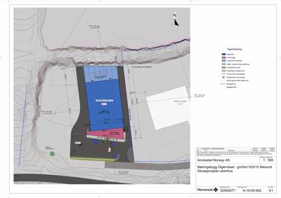 Situasjonsplan som viser tomtens form, grenser, topografi (konturlinjer), naboeiendom, og plassering av bygninger (Amokabel og Nøtterøy Støten) samt vegforhold.