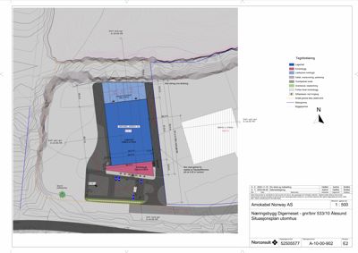 Situasjonsplan som viser tomtens form, høydemålerlinjer, bygningers plassering, arealer og tilgrensende eiendomsgrenser.
