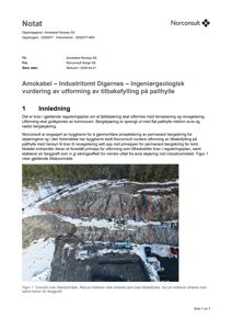 Fotografi av et terrengområde med fjellsjæring og tilbakefylling, med overlagte røde og gule linjer som viser planlagte tiltak.