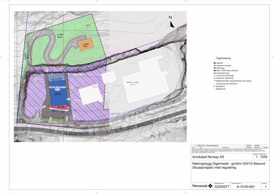 Situasjonsplan med regulering som viser tomtens beliggenhet, omgivelser, høydeforhold og planlagt arealbruk.