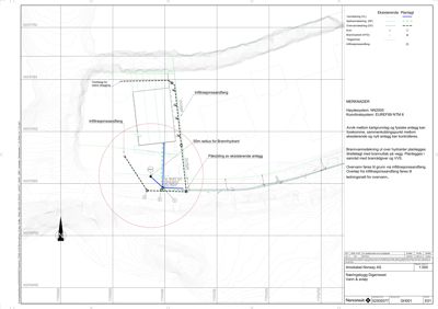 Situasjonsplan som viser eksisterende og planlagt infrastruktur (vann, strøm, overvann) i forhold til tomt og nabolag.