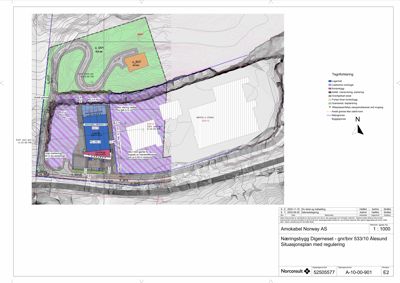 Situasjonsplan som viser tomtens beliggenhet, omgivelser, høydemålinger og planlagt bebyggelse.