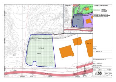 Situasjonsplan som viser eiendomsgranser, høydemålerlinjer (konturlinjer), arealoppdelinger og en innfelt plankart.