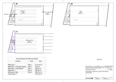 Etasjeplaner (BRA og BYA) for et bygg med tilhørende arealoppsett (Area Schedule).
