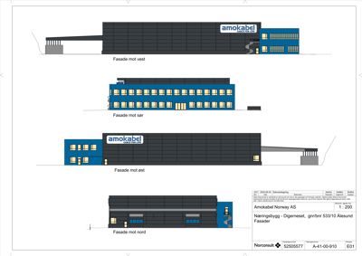 Fasadetegning som viser bygningens utseende fra fire sider (vest, sør, øst, nord).