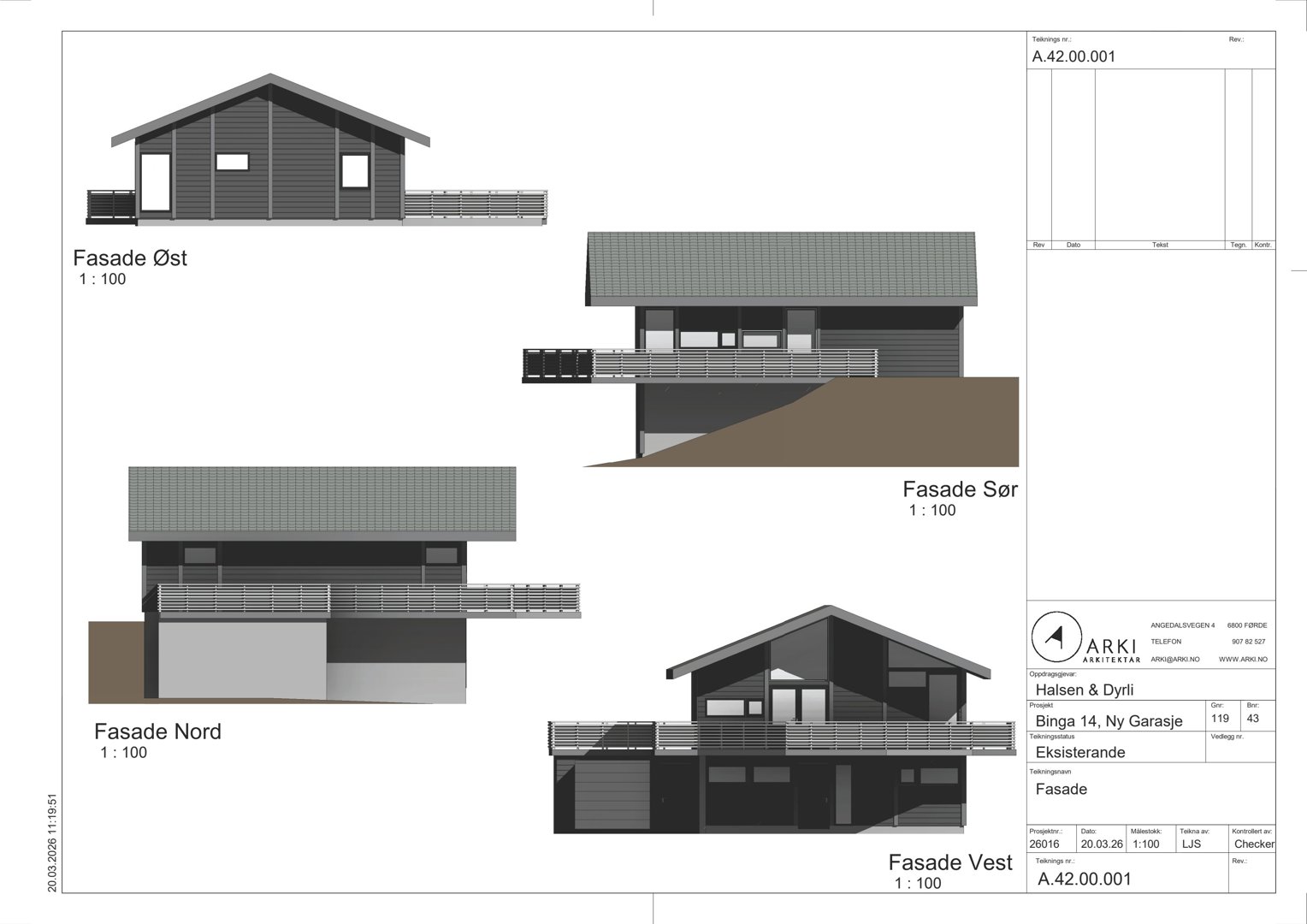 Fasadetegning som viser bygningens utseende fra fire sider (Øst, Sør, Nord, Vest) med skala 1:100.