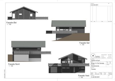 Fasadetegning som viser bygningens utseende fra fire sider (Øst, Sør, Nord, Vest) med skala 1:100.
