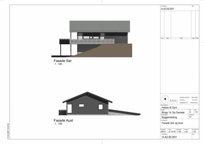 Fasadetegning som viser bygningens utseende fra sør og aust.