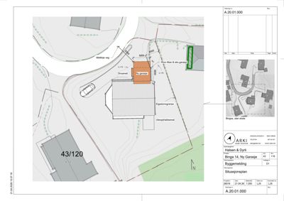 Situasjonsplan som viser bygningens plassering i forhold til vei, eiendomsgrenser og nabobebyggelse.