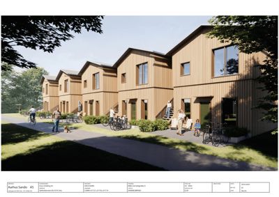 3D-visualisering av en rekkehusbebyggelse med omgivelser, inkludert mennesker og sykler.