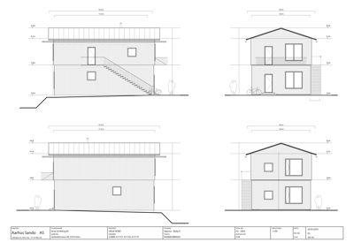Fasadetegning som viser bygningens utseende fra fire ulike vinkler (front, side, bak og en annen side), med angitte mål og detaljer om vinduer, dører og takform.