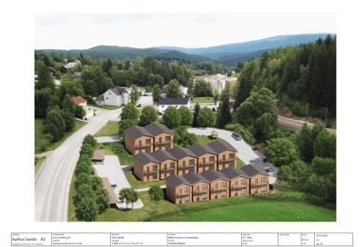 Fotografi (fra drone) av en planlagt boligbebyggelse sett fra luften.