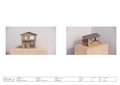 Fotografier av en fysisk arkitektmodell av en bygning, vist fra to ulike vinkler.