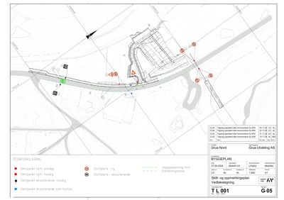 Situasjonsplan (skilt- og oppmerkningsplan) som viser bygningens plassering i forhold til skiltpunkter, vegoppmerking og eiendomsgrenser.
