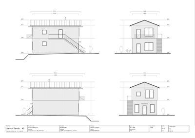 Bildet viser fire fasadetegninger (opprikk) av en bygning sett fra ulike vinkler, med mål og detaljer.
