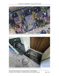 Bildet viser en rapport med to bilder: øverst en satellittbilde (situasjonsplan) med en målepunkt, og nederst et fotografi av en sensor montert på en dør.