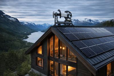 Fotografi av en hytte med solcellepaneler på taket, sett fra en høyde mot en fjord og fjellkjede.