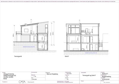 Tegning som viser tverrsnitt gjennom en bolig (terrensnitt og snitt F), med mål på høyder og romfordeling.