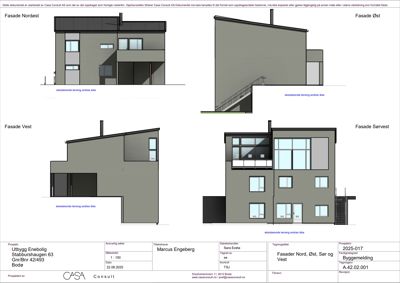 Fasadetegning som viser bygningens utseende fra fire sider: Nordøst, Øst, Vest og Sørvest.